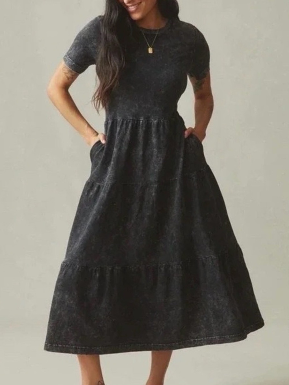 American Giant Washed Black Short-Sleeve Tiered Maxi Dress